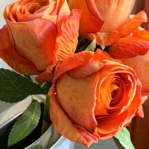 12" Realistic Artificial Flowers Bundle 6 Large Orange Burnt Edge Roses Rosebuds